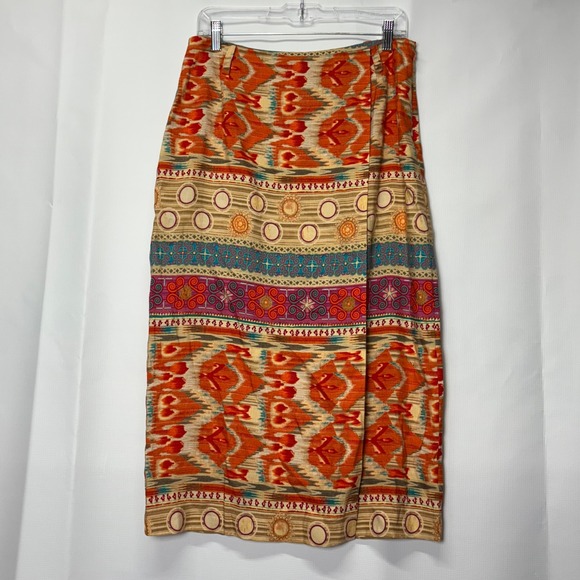 Evan Picone Linen Rayon Wrap Skirt Orange Tan Beige Ikat Midi Boho Women's 10 - Picture 1 of 6